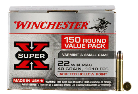 Winchester Ammo X22MH150 Super-X Value Pack 
22 Winchester Magnum Rimfire (WMR) 40 GR Jacketed Hollow Point 150 Bx/ 3 Cs - 150 Rounds