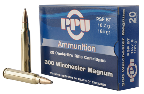 PPU PP3002 Standard Rifle 300 Winchester Magnum 165 GR Pointed Soft Point Boat Tail 20 Bx/ 10 Cs