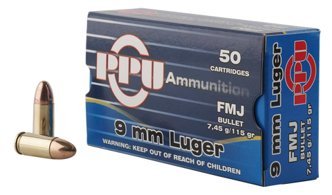PPU PPH9F1 Handgun 9mm Luger 115 GR Full Metal Jacket 50 Bx/ 20 Cs