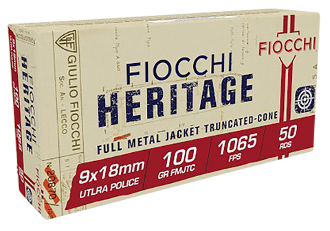 Fiocchi 9X18 Heritage 9x18mm Ultra 100 gr Full Metal Jacket Truncated-Cone (TCFMJ) 50 Per Box/20 Cs