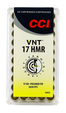 CCI 959CC Varmint VNT 
17 Hornady Magnum Rimfire (HMR) 17 GR Varmint Tipped 50 Bx/ 40 Cs