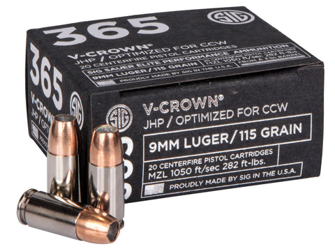 Sig Sauer E9MMA136520 V-Crown  9mm Luger 115 GR Jacketed Hollow Point 20 Bx/ 10 Cs