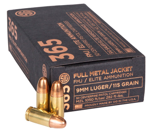 Sig Sauer E9MMB136550 Elite Ball FMJ 9mm Luger 115 GR Full Metal Jacket 50 Bx/ 20 Cs