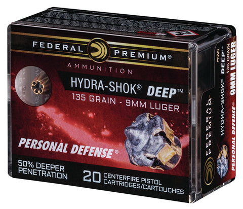 Federal P9HSD1 Premium Personal Defense 9mm Luger 135 gr Hydra-Shok Deep Hollow Point 20 Bx/ 10 Cs
