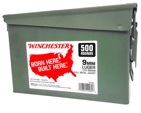 Winchester Ammo WW9C Winchester Handgun Ammo Can 9mm Luger 115 GR Full Metal Jacket 500 Bx/ 2 Cs 1000 Total - 500 Rounds