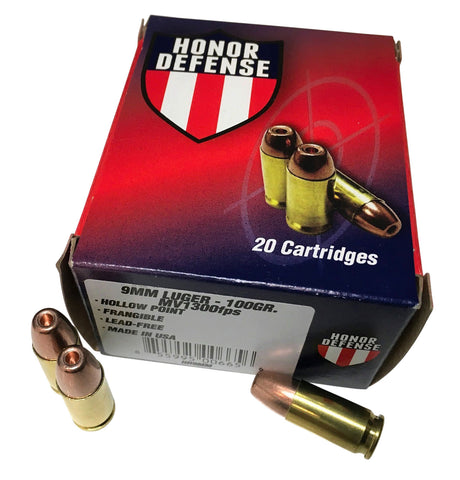 Honor Defense HD9MM   
9mm Luger 100 GR Hollow Point Frangible 20 Bx/ 25 Cs