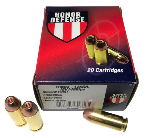 Honor Defense HD10MM   
10mm Automatic 125 GR Hollow Point Frangible 20 Bx/ 25 Cs