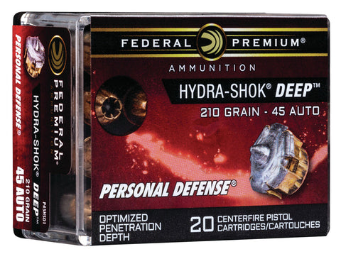 Federal  Premium Personal Defense  
45 Automatic Colt Pistol (ACP) 210 GR Hydra-Shok Deep Hollow Point 20 Bx/ 10 Cs