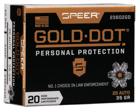 Speer Ammo 23602GD Gold Dot Personal Protection 
25 Automatic Colt Pistol (ACP) 35 GR Hollow Point 20 Bx/ 10 Cs