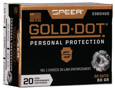Speer Ammo 23604GD Gold Dot Personal Protection 
32 Automatic Colt Pistol (ACP) 60 GR Hollow Point 20 Bx/ 10 Cs