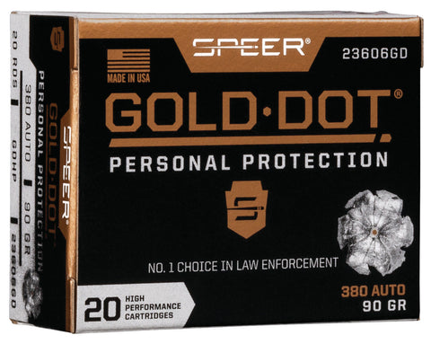 Speer Ammo 23606GD Gold Dot Personal Protection 
380 Automatic Colt Pistol (ACP) 90 GR Hollow Point 20 Bx/ 10 Cs