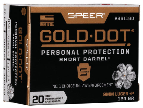 Speer Ammo 23611GD Gold Dot Personal Protection 9mm Luger +P 124 GR Hollow Point Short Barrel 20 Bx/ 10 Cs