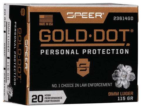 Speer Ammo 23614GD Gold Dot Personal Protection 
9mm Luger 115 GR Hollow Point 20 Bx/ 10 Cs