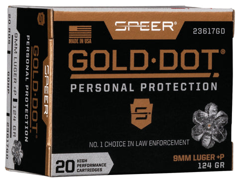 Speer Ammo 23617GD Gold Dot Personal Protection 
9mm Luger +P 124 GR Hollow Point 20 Bx/ 10 Cs