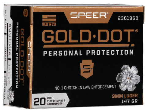 Speer Ammo 23619GD Gold Dot Personal Protection 
9mm Luger 147 GR Hollow Point 20 Bx/ 10 Cs