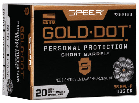 Speer Ammo 23921GD Gold Dot Personal Protection 38 Special +P 135 GR Hollow Point Short Barrel 20 Bx/ 10 Cs