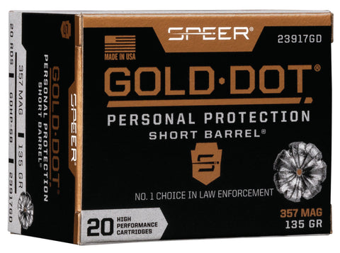 Speer Ammo 23917GD Gold Dot Personal Protection 
357 Magnum 135 GR Hollow Point Short Barrel 20 Bx/ 10 Cs