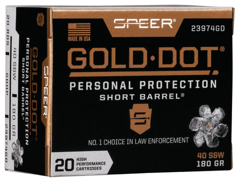 Speer Ammo 23974GD Gold Dot Personal Protection 
40 Smith & Wesson 180 GR Hollow Point Short Barrel 20 Bx/ 10 Cs