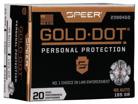 Speer Ammo 23964GD Gold Dot Personal Protection 
45 Automatic Colt Pistol (ACP) 185 GR Hollow Point 20 Bx/ 10 Cs