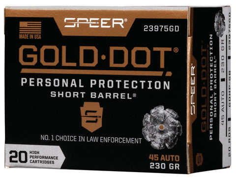 Speer Ammo 23975GD Gold Dot Personal Protection 
45 Automatic Colt Pistol (ACP) 230 GR Hollow Point Short Barrel 20 Bx/ 10 Cs