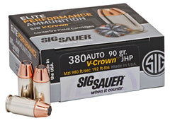 Sig Sauer E380A150 Elite Performance V-Crown 
380 Automatic Colt Pistol (ACP) 90 GR Jacketed Hollow Point 50 Bx/ 20 Cs