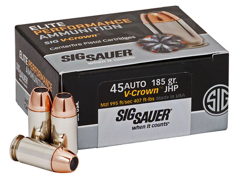 Sig Sauer E45AP045 Elite Performance V-Crown 
45 Automatic Colt Pistol (ACP) 185 GR Jacketed Hollow Point 50 Bx/ 20 Cs