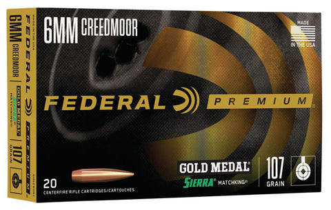 Federal GM6CRDM1 Gold Medal  6mm Creedmoor 107 gr Sierra MatchKing Boat-Tail Hollow Point (BTHP) 20 Bx/ 10 Cs
