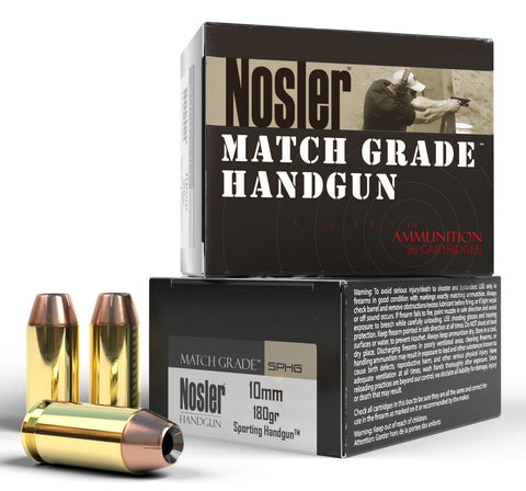 Nosler 51400 Match Grade  10mm Auto 180 gr Jacketed Hollow Point (JHP) 20 Bx/ 20 Cs
