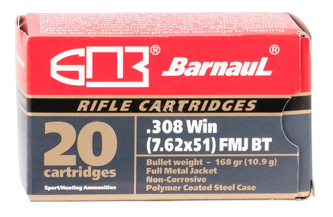 Barnaul Ammo BRN308WINFMJBT168 Rifle  308 Win 168 gr Full Metal Jacket Boat Tail (FMJBT) 20 Bx/ 25 Cs