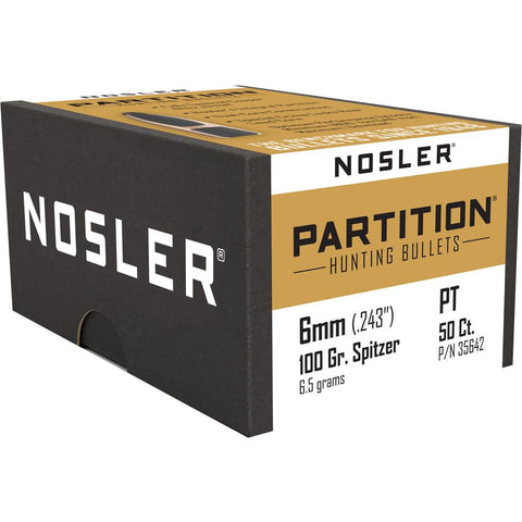 Nosler Partition Bullets 6mm 100 gr. Spitzer Point 50 pk.