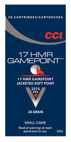 CCI 0052 Small Game 17 Hornady Magnum Rimfire (HMR) 20 GR Jacketed Soft Point 50 Bx/ 40 Cs