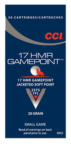 CCI 0052 Small Game 17 Hornady Magnum Rimfire (HMR) 20 GR Jacketed Soft Point 50 Bx/ 40 Cs