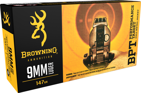 Browning Ammo B191800091 BPT Performance 9mm Luger 147 GR Full Metal Jacket 50 Bx/ 10 Cs
