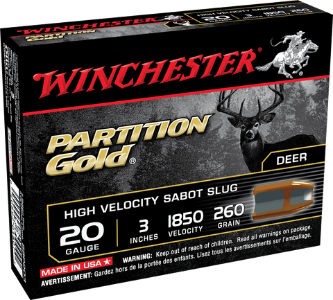 Winchester Ammo SSP203 Supreme Partition Gold Slug 20 Gauge 3" 260 GR Sabot Slug Shot 5 Bx/ 20