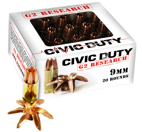 G2 Research CIVIC Civic Duty 9mm Luger 96 GR Hollow Point 20 Bx/ 25 Cs