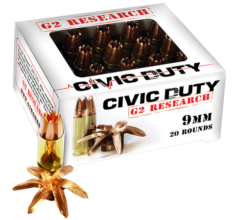 G2 Research CIVIC Civic Duty 9mm Luger 94 GR Hollow Point 20 Bx/ 25 Cs