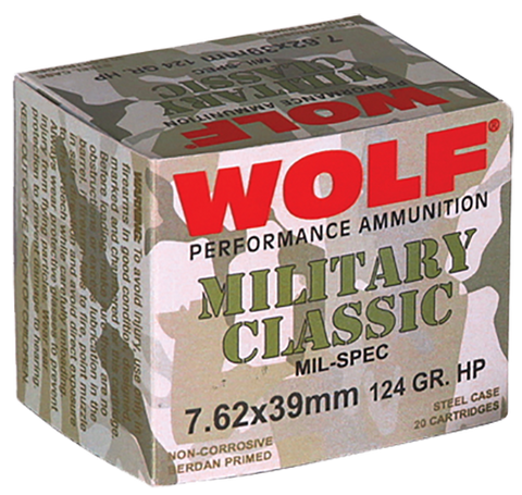 Wolf MC762BHP Military Classic 7.62x39mm 124 GR Jacketed Hollow Point 1000 Rds Total 20 Bx/ 50 Cs - 1000 Rounds