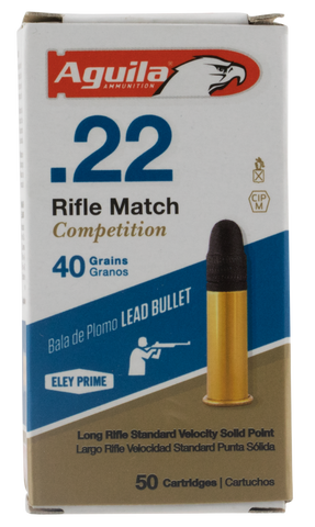 Aguila 1B222518 Match Competition Standard Velocity 22 Long Rifle (LR) 40 GR Lead Round Nose 50 Bx/ 100 Cs