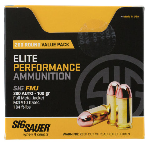 Sig Sauer E380B1200 Elite Ball 380 Automatic Colt Pistol (ACP) 100 GR Full Metal Jacket 200 Bx/  Cs - 200 Rounds