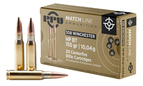 PPU PPM3081 Match 308 Winchester/7.62 NATO 155 GR Hollow Point Boat Tail 20 Bx/ 10 Cs