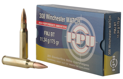 PPU PPM3083 Match 308 Winchester/7.62 NATO 175 GR Full Metal Jacket Boat Tail 20 Bx/ 10 Cs