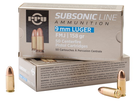 PPU PPS9MM Subsonic 9mm Luger 158 GR Full Metal Jacket 50 Bx/ 20 Cs