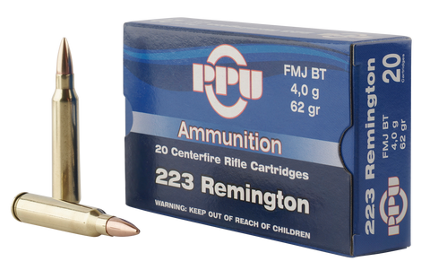 PPU PP223F2 Standard Rifle 223 Remington/5.56 NATO 62 GR Full Metal Jacket Boat Tail 20 Bx/ 50 Cs