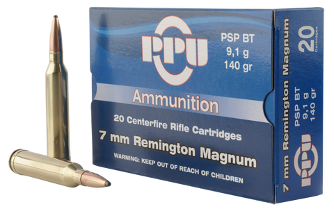 PPU PP3081 Standard Rifle 7mm Remington Magnum 140 GR Pointed Soft Point 20 Bx/ 10 Cs