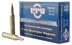 PPU PP3081 Standard Rifle 7mm Remington Magnum 140 GR Pointed Soft Point 20 Bx/ 10 Cs
