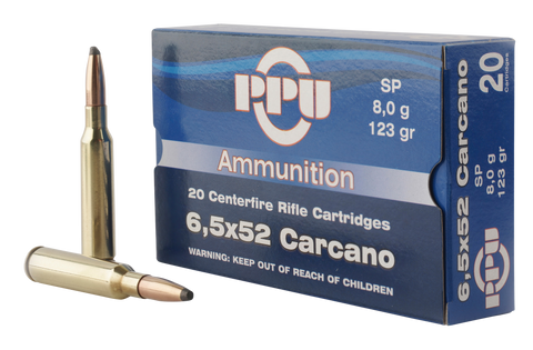 PPU PP3083 Metric Rifle 6.5x52mm Carcano 123 GR Soft Point 20 Bx/ 10 Cs