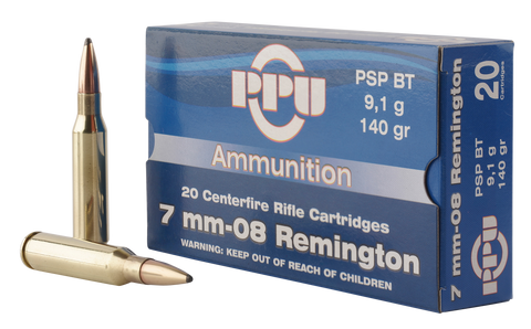 PPU PP3002 Metric Rifle 7mm-08 Remington 140 GR Pointed Soft Point Boat Tail 20 Bx/ 10 Cs