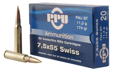 PPU PP338F Metric Rifle 7.5x55mm Swiss 174 GR Full Metal Case 20 Bx/ 10 Cs