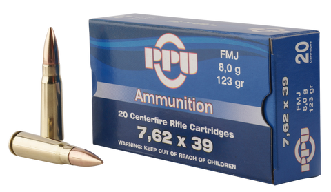 PPU PP338H Metric Rifle 7.62x39mm 123 GR Full Metal Case 20 Bx/ 50 Cs