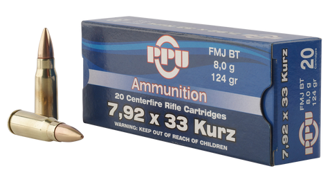 PPU PP7K Metric Rifle 7.9x33mm Kurz 124 GR Full Metal Jacket 20 Bx/ 10 Cs
